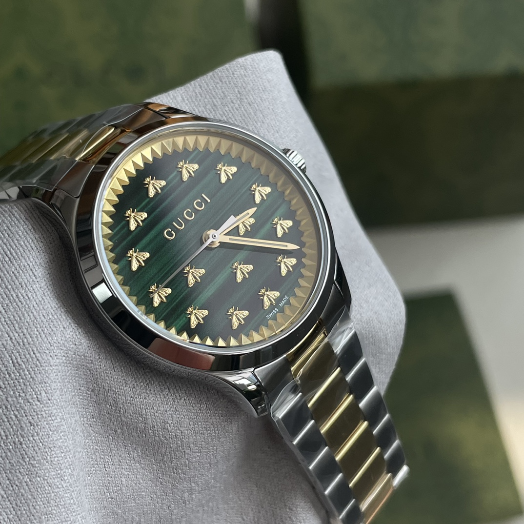GUCCI Timeless Watch, Green Malachite Dial With Gold Bee Markers, Two-Tone Gold Silver Stainless Steel Bracelet Ladies Wrist Watch