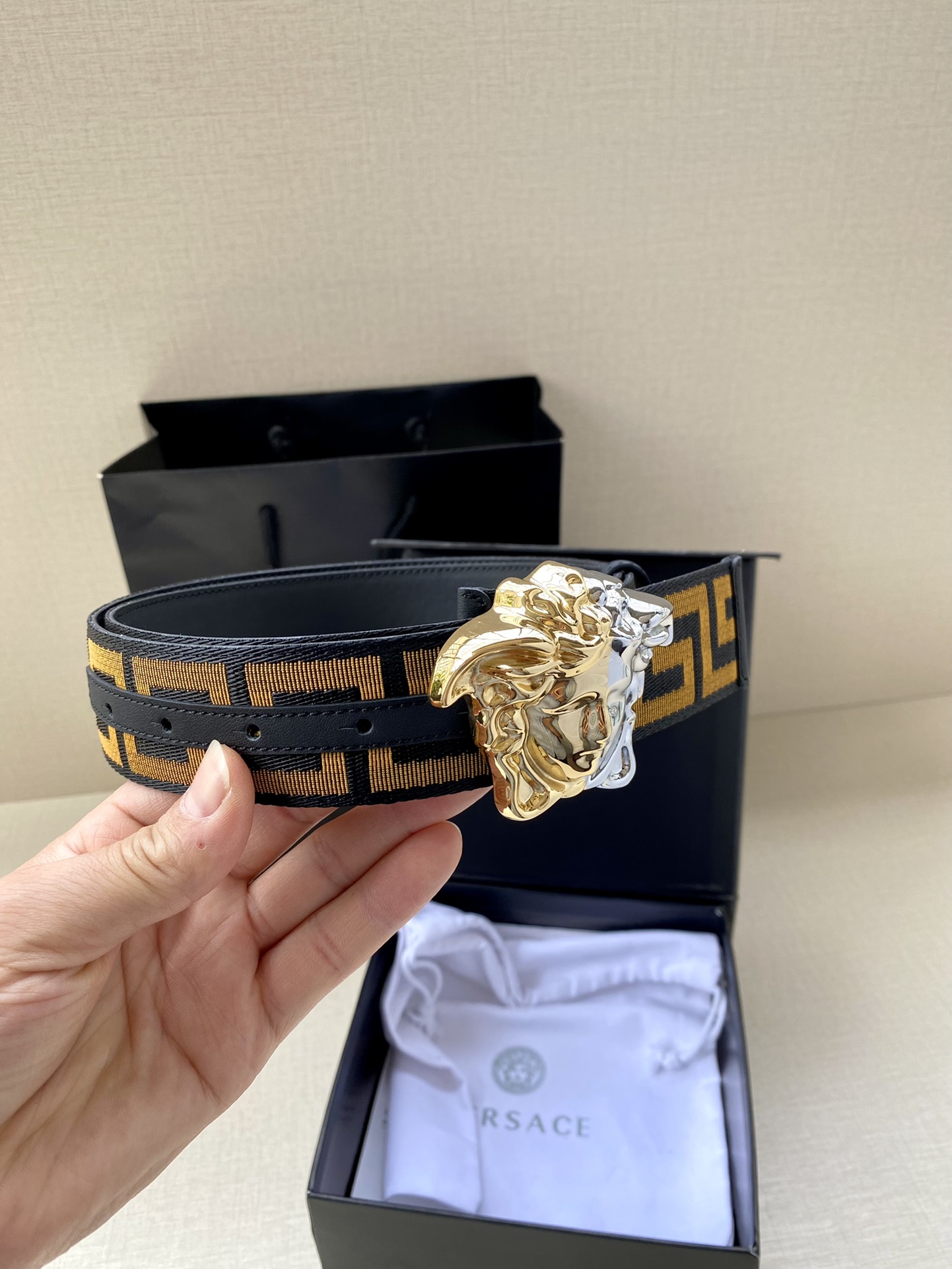 VERSACE Medusa Head Pin Buckle Belt, Vintage Greca Pattern Jacquard & Leather Waist Belt For Men & Women