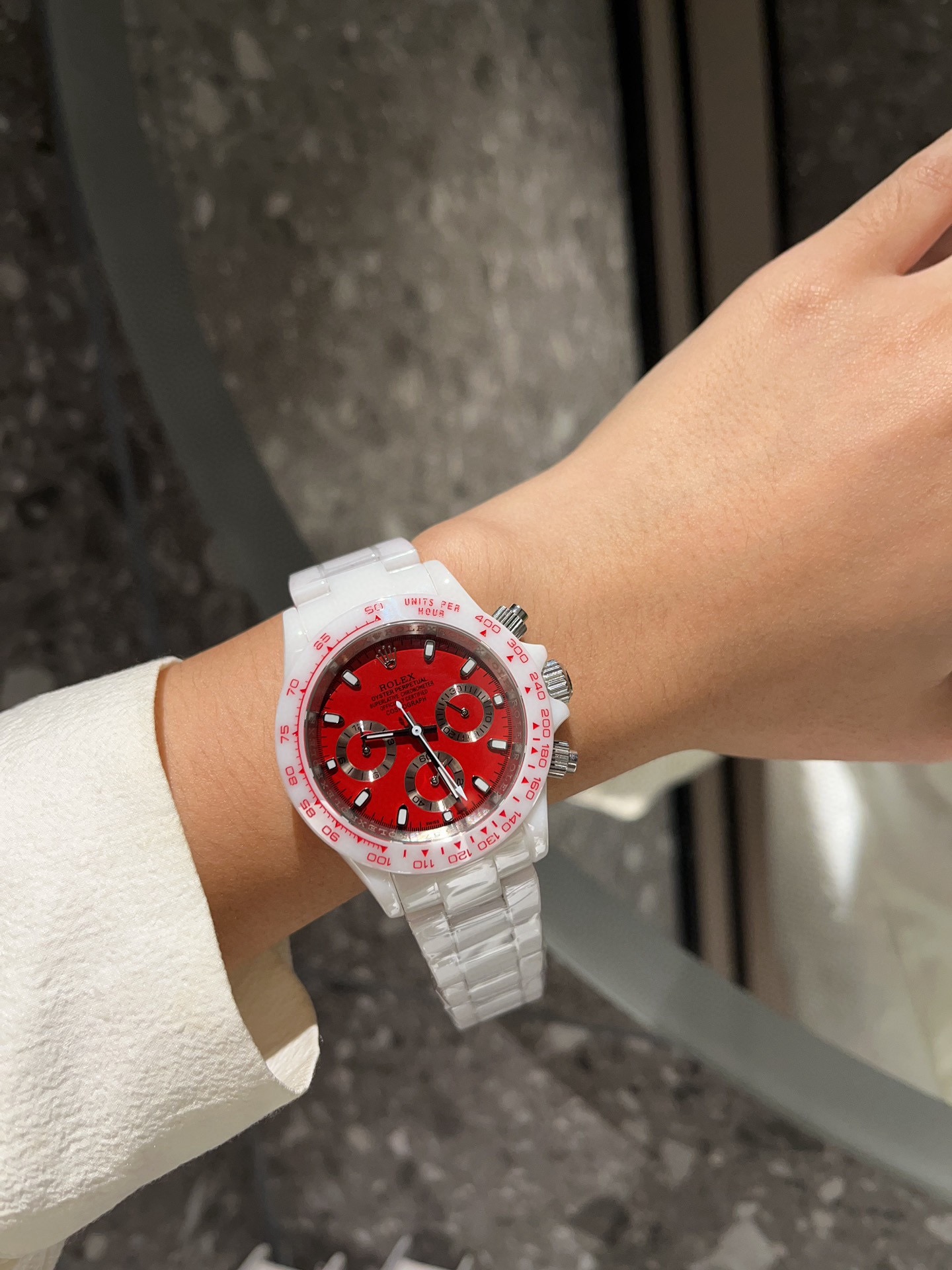 ROLEX Daytona Ceramic Chronograph Watch, White Ceramic Case Red Dial 3 Sub-dials Unisex Mechanical Watch