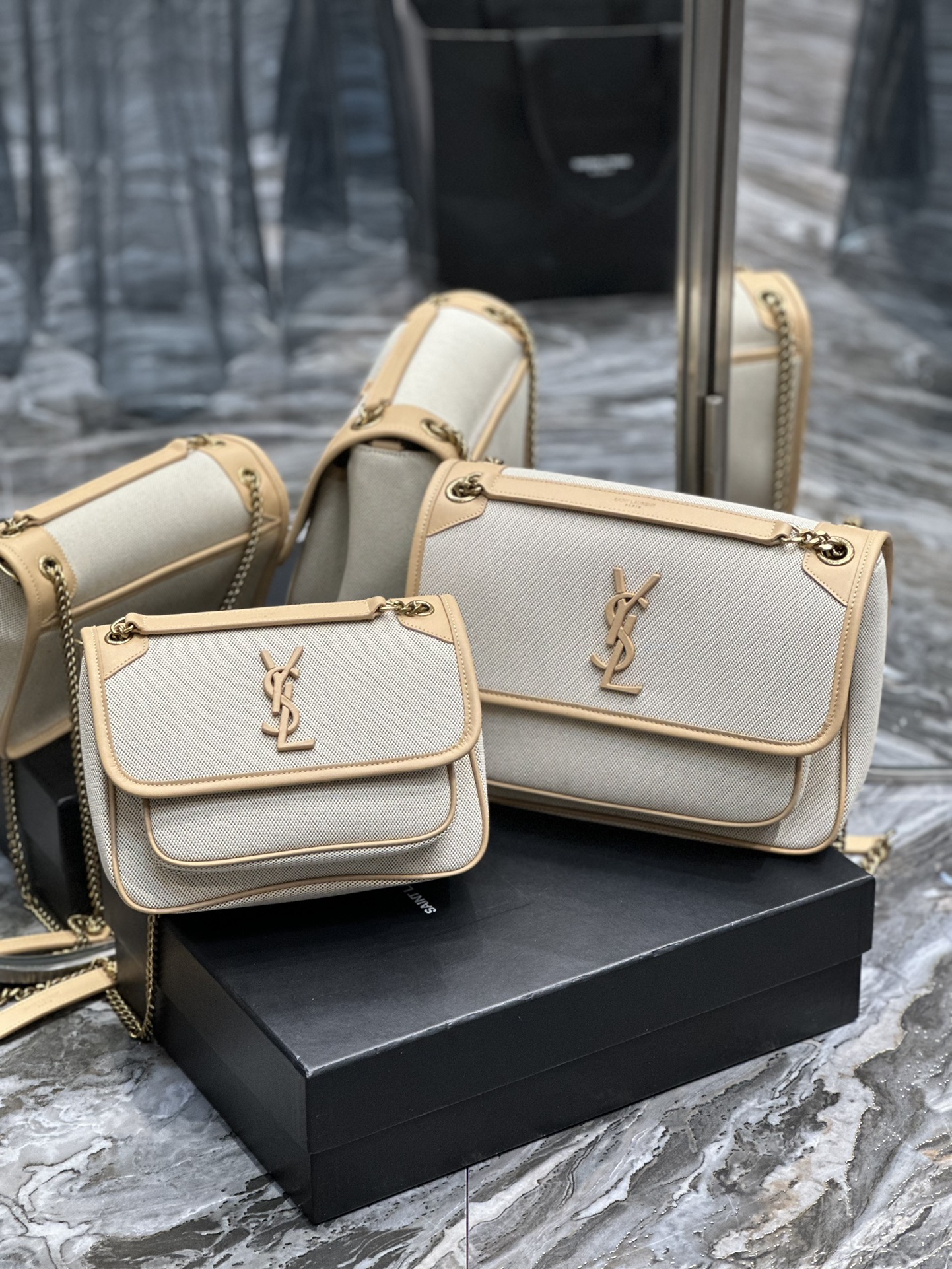 TOP Yves Saint Laurent YSL Cowhide Paired With Cotton And Linen Niki Bags - Coffee Colors - 2 Size&GHW