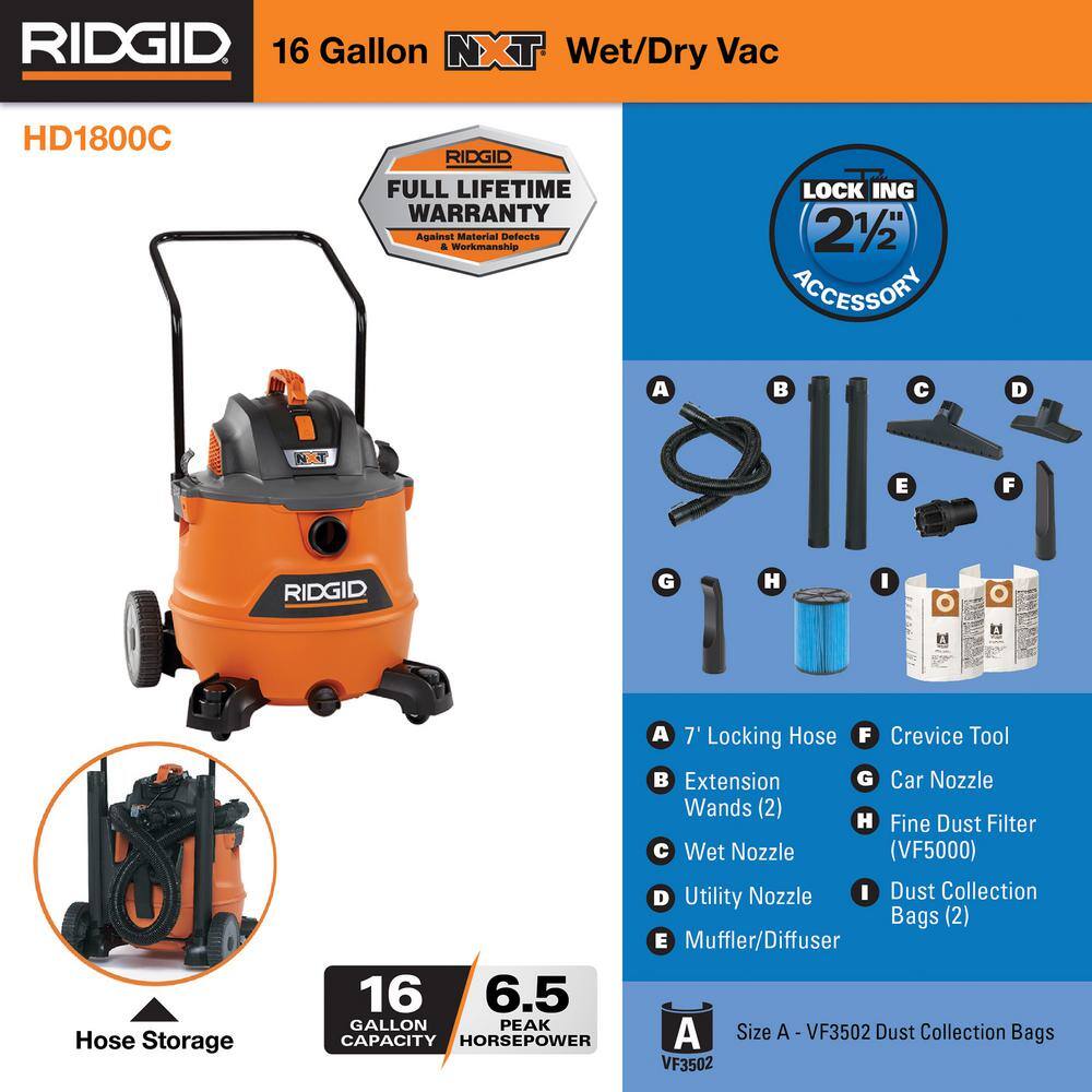 16 Gallon 6.5 Peak HP NXT Shop Vac Wet Dry Vacuum, Fine Dust Filter, Locking Hose, Accessories and Dust Collection Bags