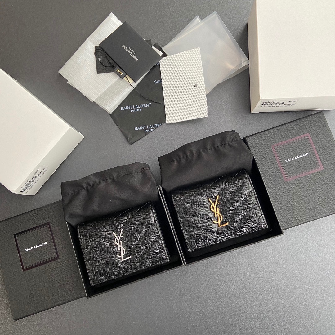 TOP Yves Saint Laurent YSL Calfskin Matelasse Wallet 11x8.5x3cm - Black/Beige & SHW/GHW
