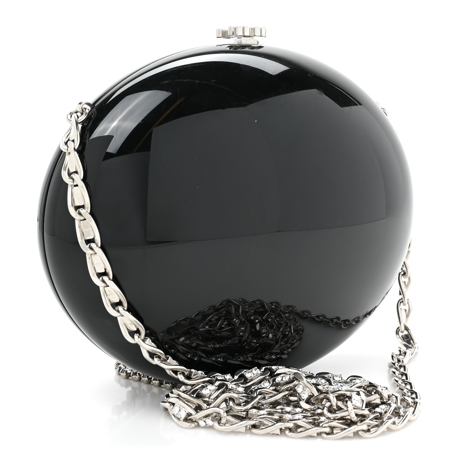 TOP CHANEL Resin Crystal Chain Fringe CC Oval Minaudière 19.5×15×5cm  - Black