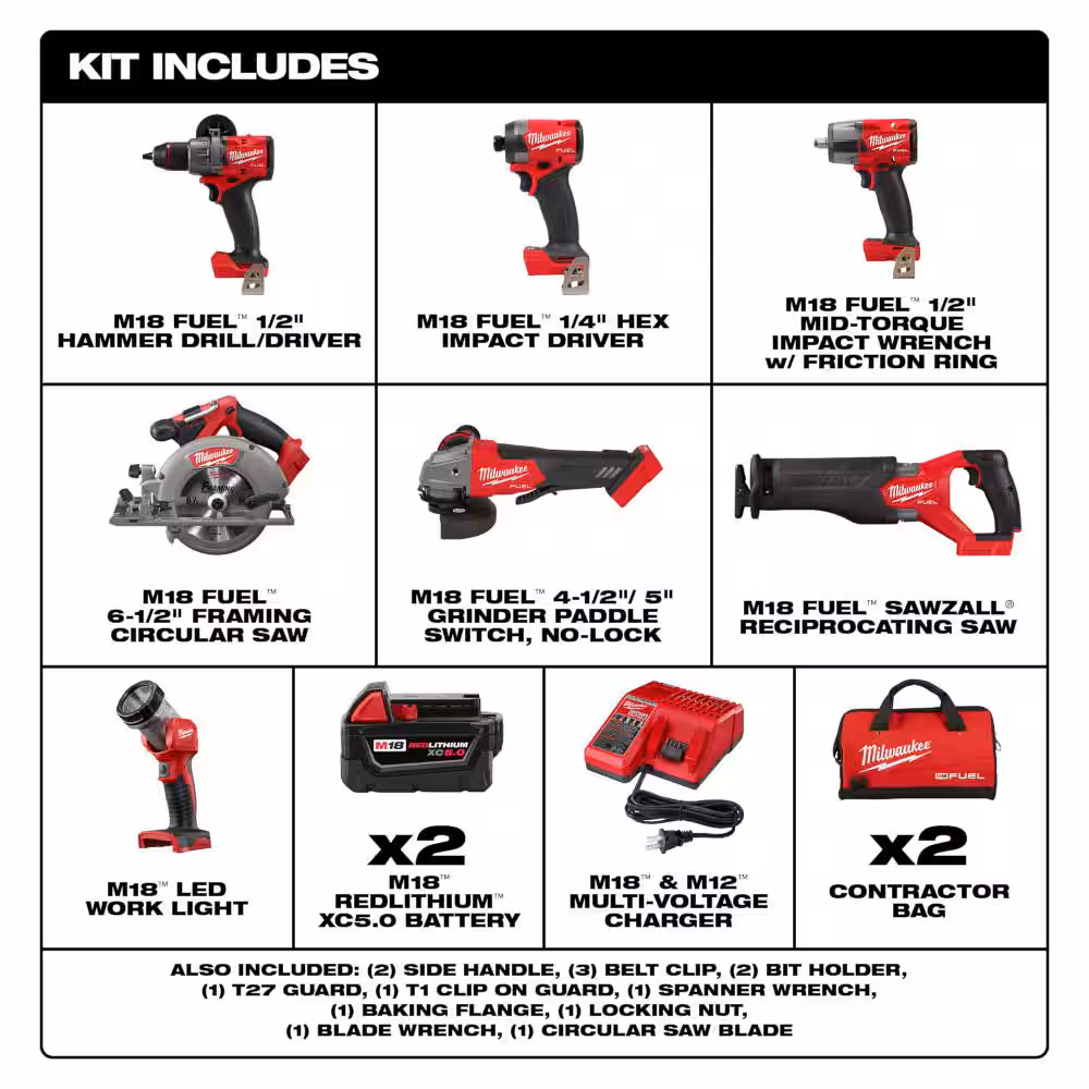 M18 FUEL 18V Lithium-Ion Brushless Cordless Combo Kit with (2) 5.0 Ah Batteries (7-Tool) & Deep Cut Band Saw