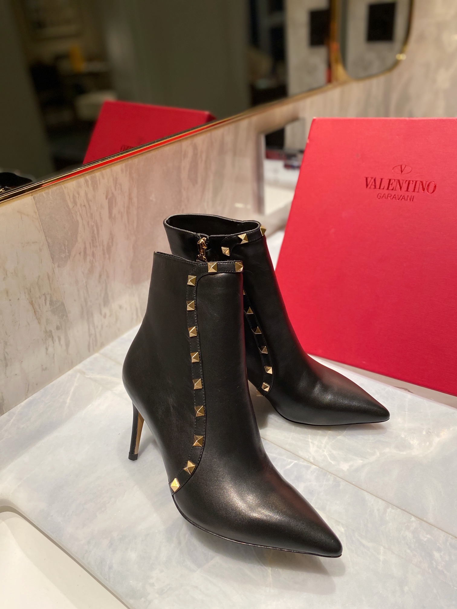 TOP VALENTINO 8cm High Heel Cowhide Short Boots  - Black