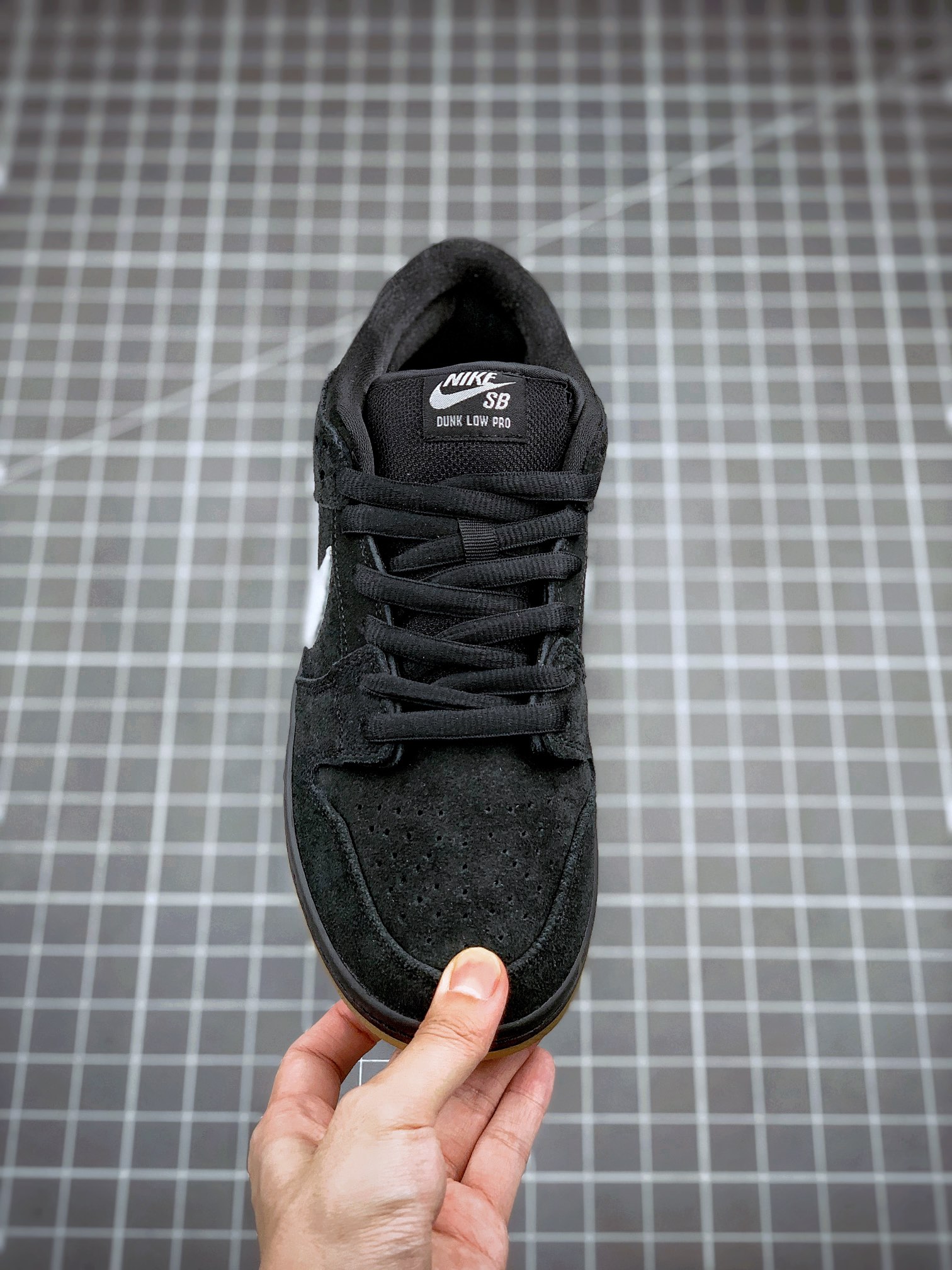 AAAShoes Men Women SB Dunk Low Pro Skate Shoes, Black Suede Upper White Swoosh Gum Rubber Outsole Casual Sneakers