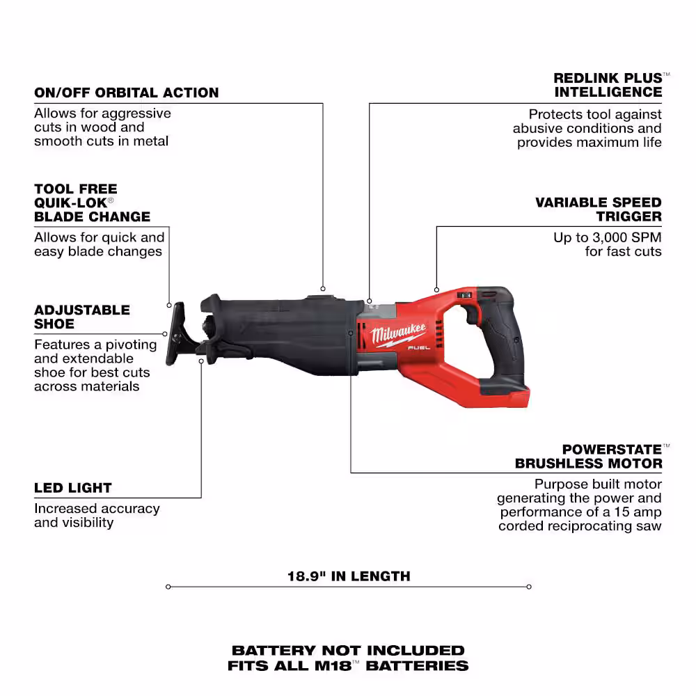 M18 FUEL 18V Lithium-Ion Brushless Cordless Super SAWZALL Orbital Reciprocating Saw (Tool-Only)