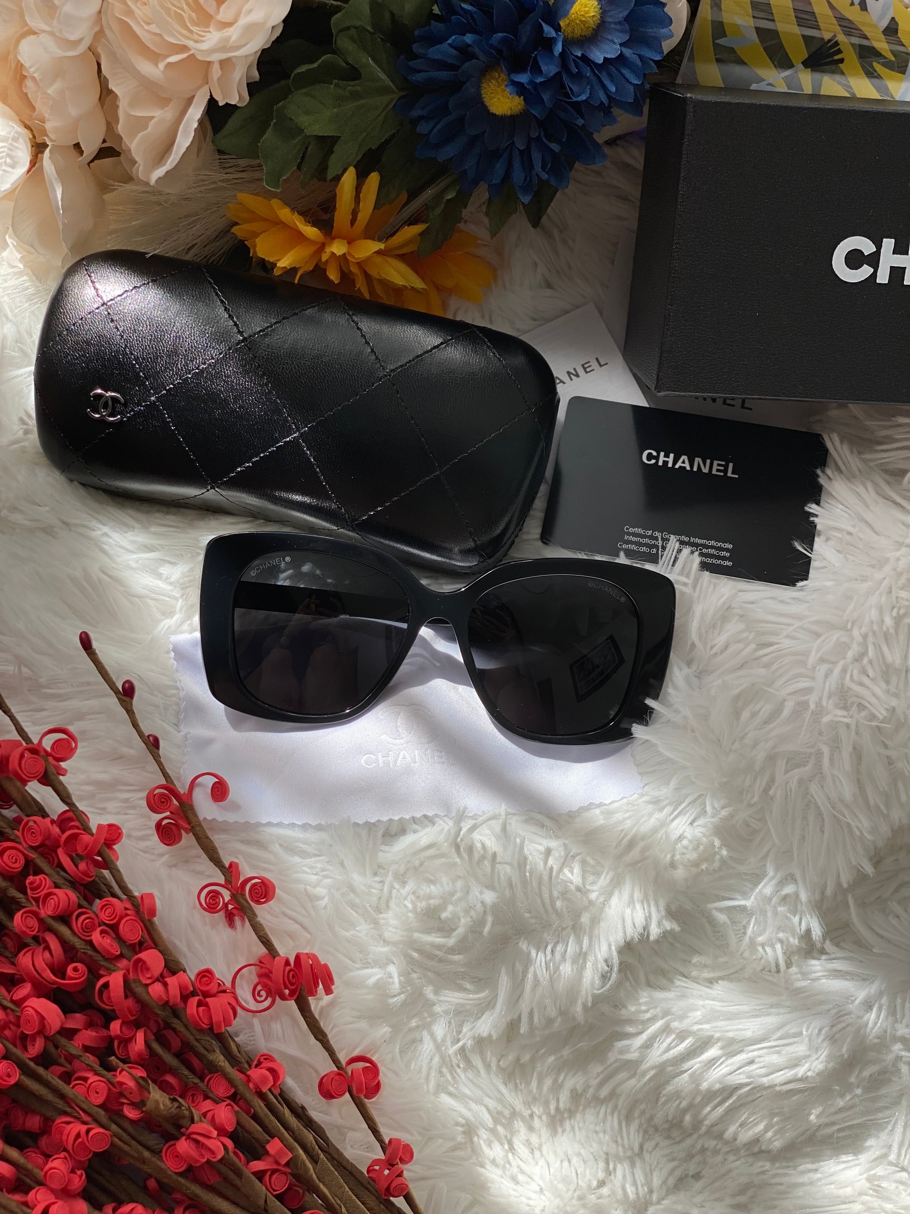 TOP CHANEL Acetate Strass Square Sunglasses - Black