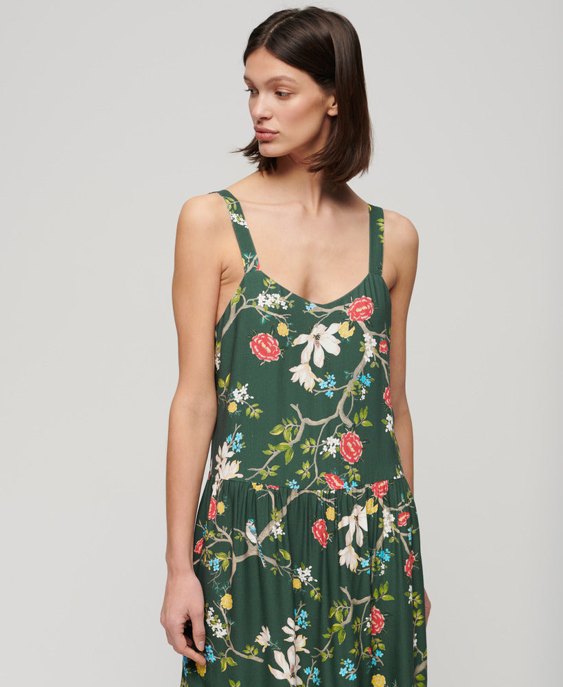Woven Tiered Maxi Dress | Blossom Birds Green
