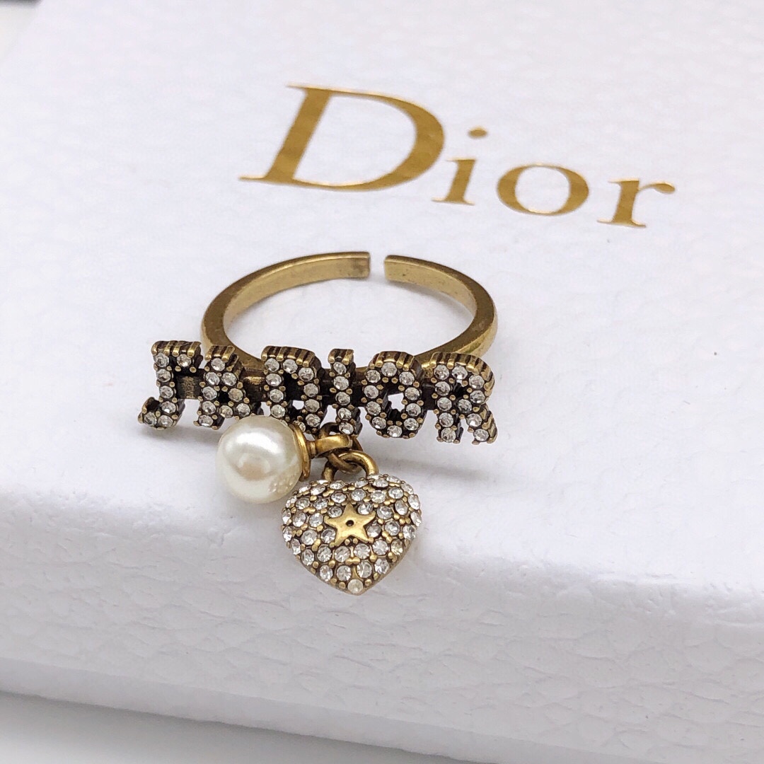 TOP Christian Dior R letter with diamonds open Rings - Brass