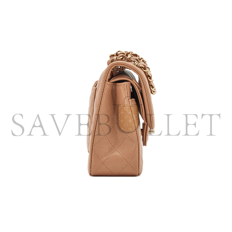 CHANEL QUILTED CAVIAR SMALL CLASSIC DOUBLE FLAP BAG DARK BEIGE 203204 (23*14.5*6cm)
