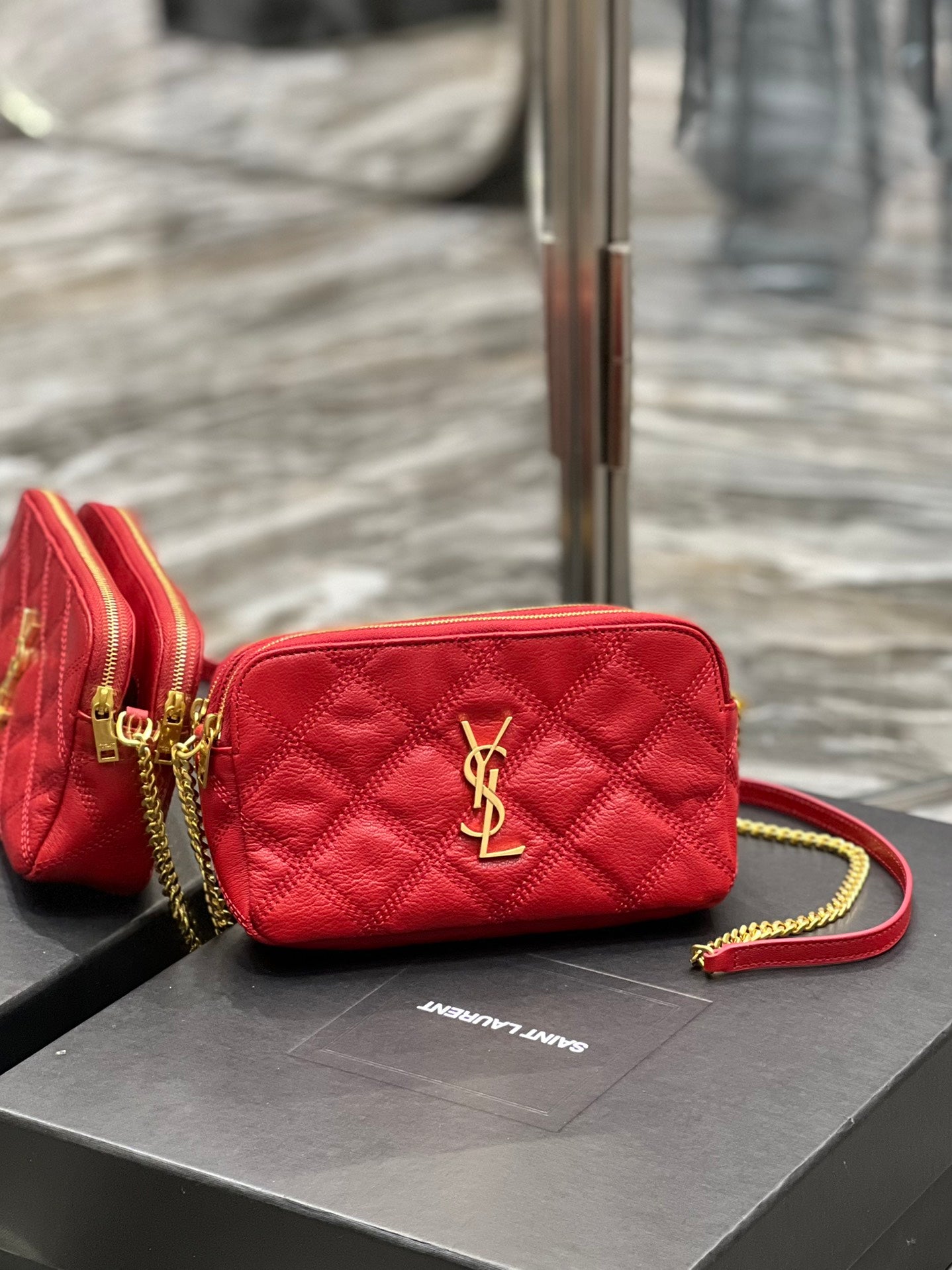 TOP Yves Saint Laurent YSL Beckly Double Zip Pouch Bag - Red GHW