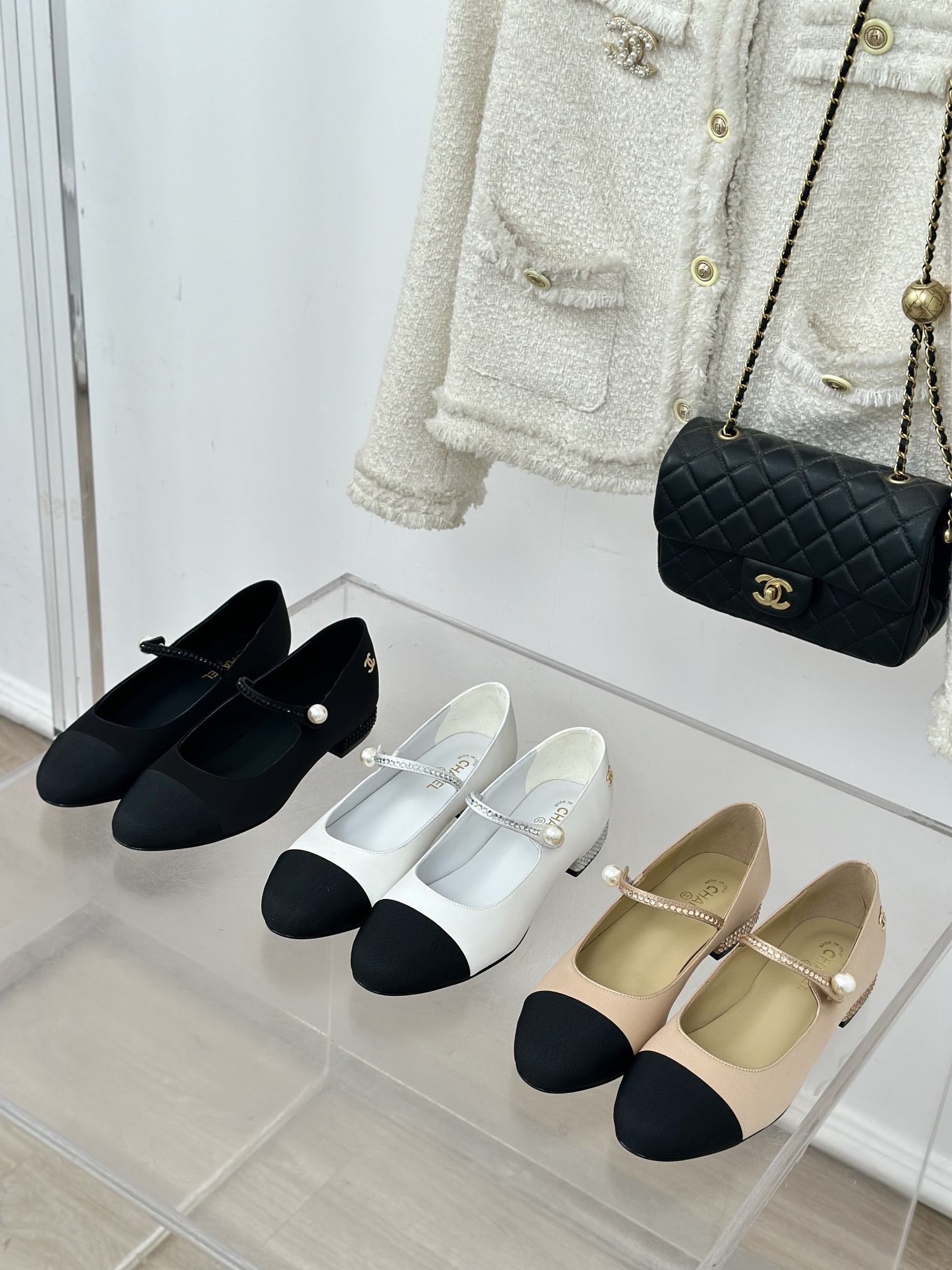 TOP CHANEL Mary Jane Shoes with Rhinestone & Pearls - 3 Color