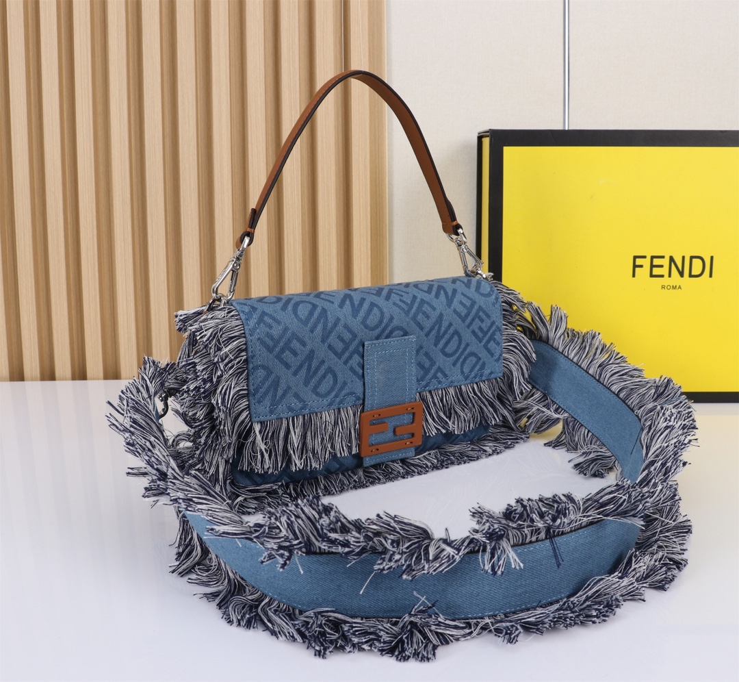 TOP FENDI Cowboy Tassel Baguette Bag - 26cm - Denim Blue