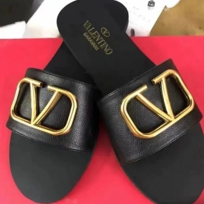 AAASandals Women Leather Flat Slide Sandals, Textured Cowhide Open Toe Slippers, Vintage Gold Metal V Buckle Slip On Summer Slides