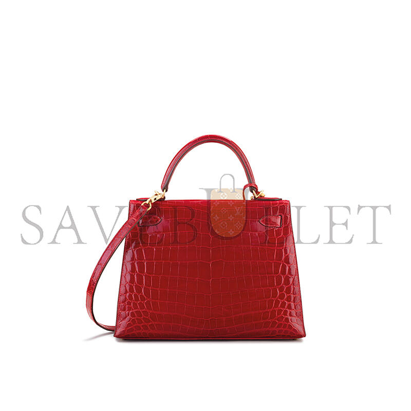HERMÈS SHINY CHINESE RED ALLIGATOR KELLY 28 WITH GOLD HARDWARE (28*22*10cm)