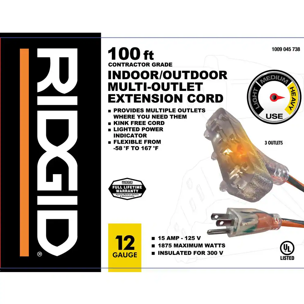 100 ft. 12/3 Heavy Duty Indoor/Outdoor Extension Cord with Tritap Lighted End, Orange/Grey