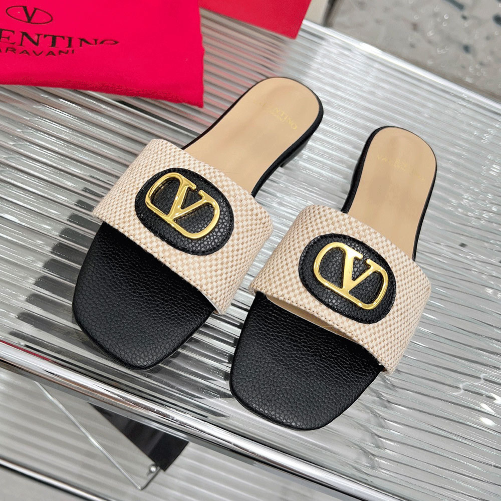Valentino embellished textured-leather and canvas slides （Replica）