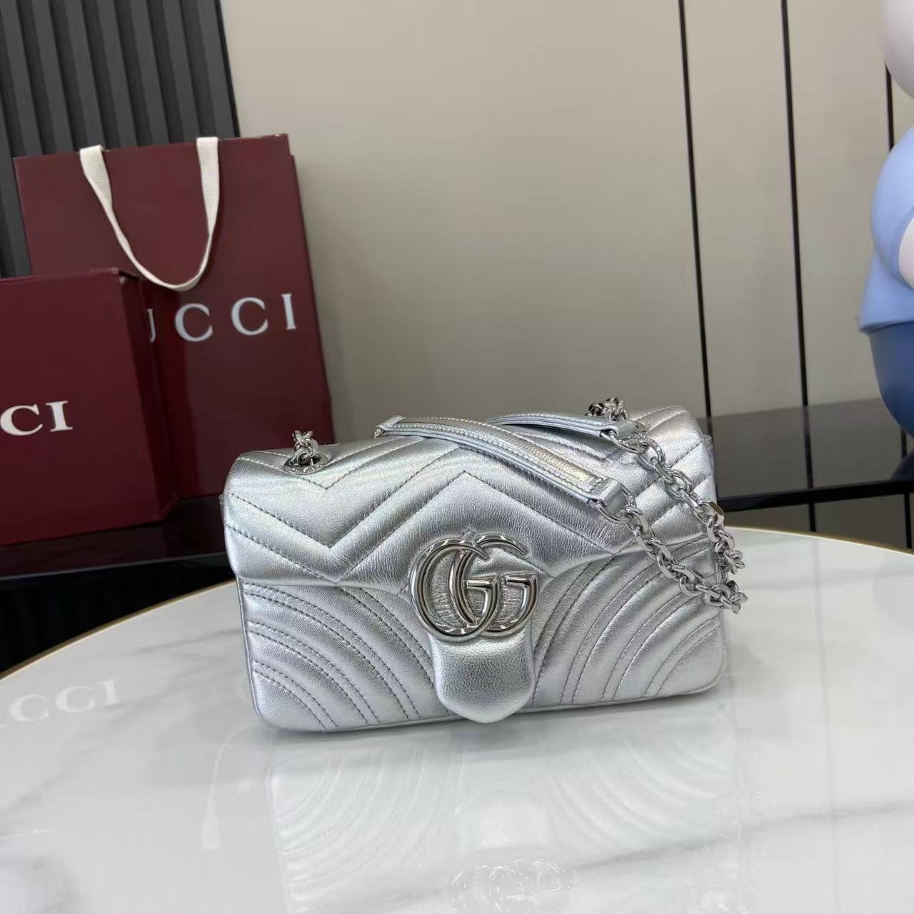 TOP GUCCI GG Marmont Bag 22x 12.5x 6 cm - Sliver
