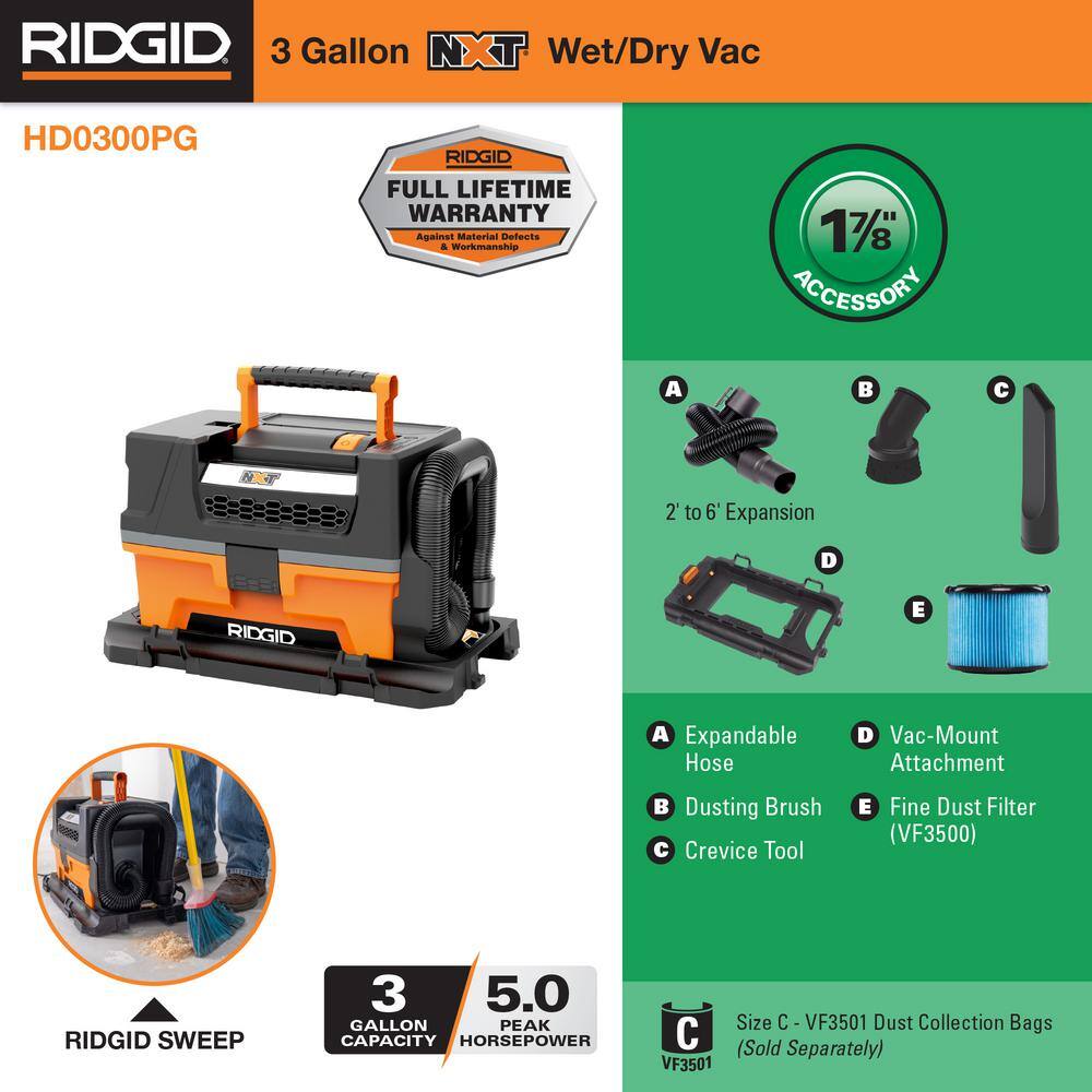 3 Gal. 5.0 Peak HP NXT Shop Vac Wet Dry Vacuum with Filter, Expandable Locking Hose, Accessories and Pro Gear Attachment