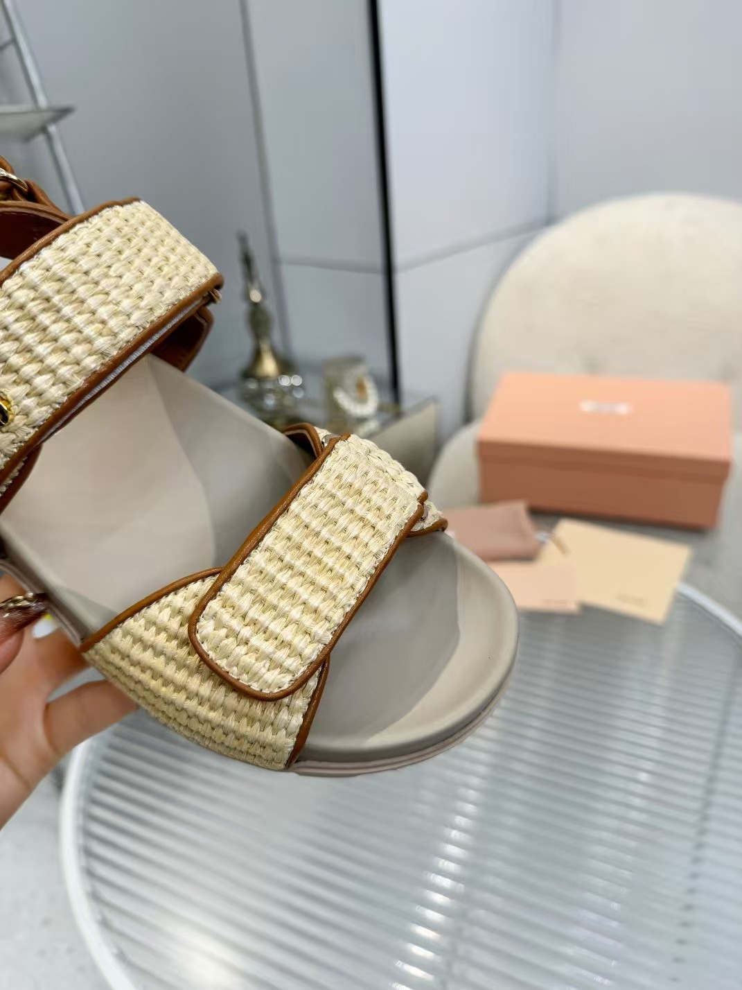 TOP Miu Miu Matelassé Nappa Straw Sandals - Khaki