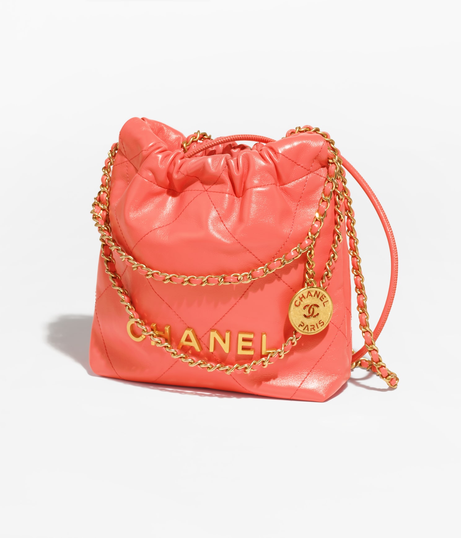 CHANEL 22 MINI HANDBAG Shiny Calfskin & Gold-Tone Metal Coral