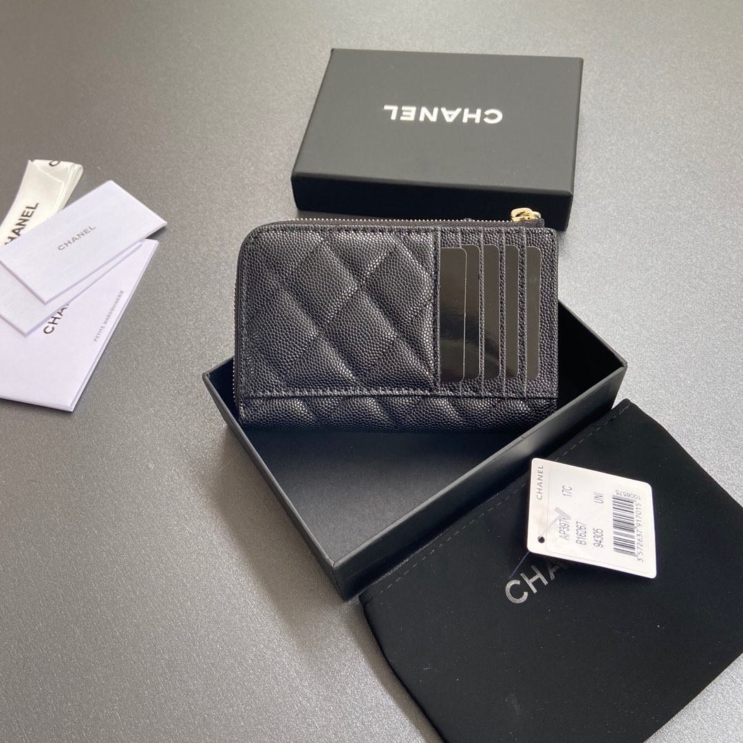 TOP CHANEL Zipper Card Holder Calfskin 13x9x2cm - Black & GHW