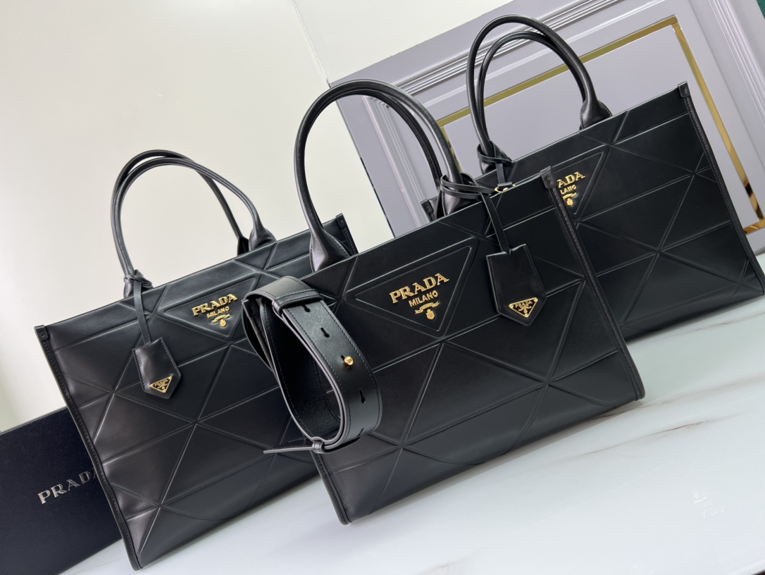 TOP PRADA Triangle Diamond Tote Bag Cowhide 30x23x9cm/35x27x10cm/39x30x12cm - Black