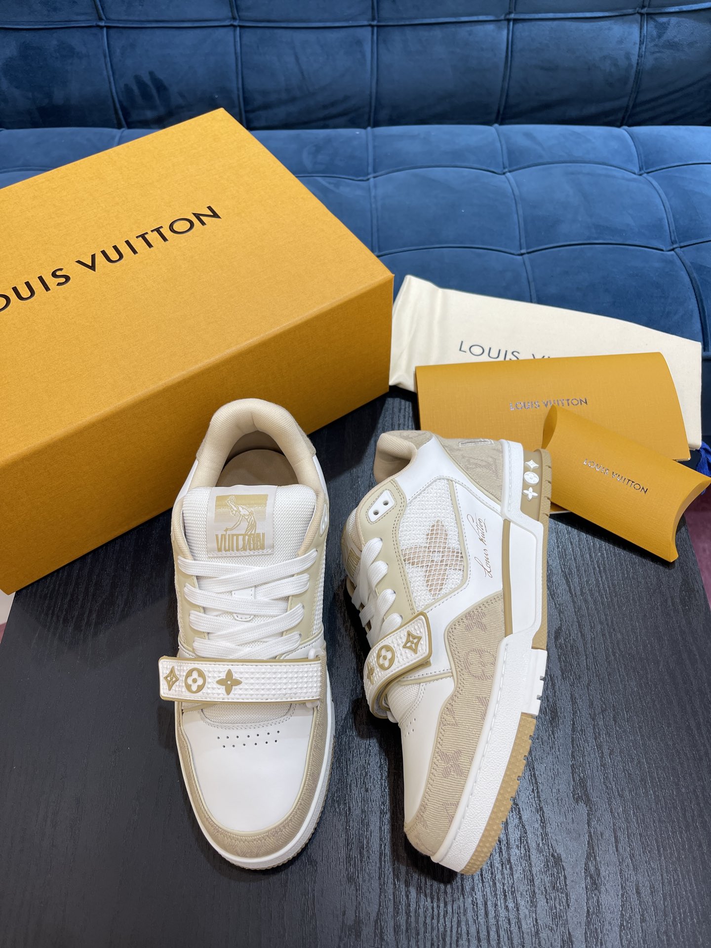 Louis Vuitton Trainer Sneaker Beige Monogram Denim Velcro Strap Low‑Top Unisex Shoes 1A9ZC0