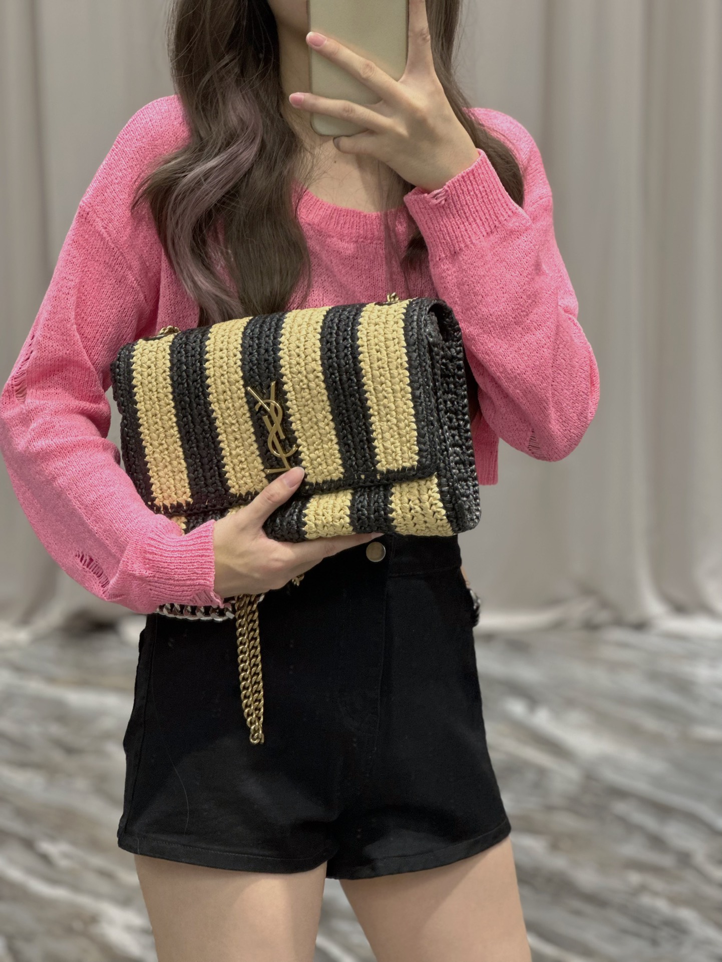 TOP Yves Saint Laurent YSL Kate Straw Woven Black Apricot Stripes Bag