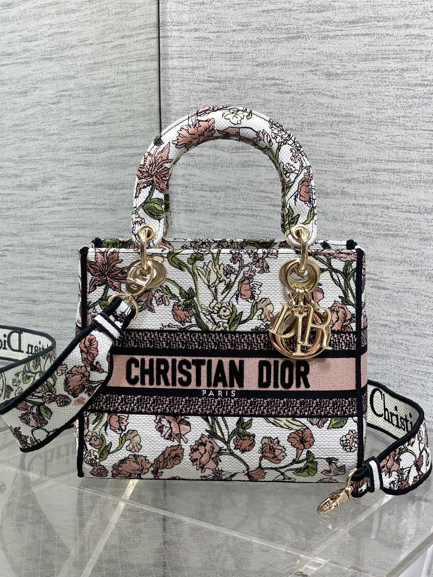 TOP Christian Dior Pink Flowers Embroidered Lady D-Lite Bag 24x11x20cm - White
