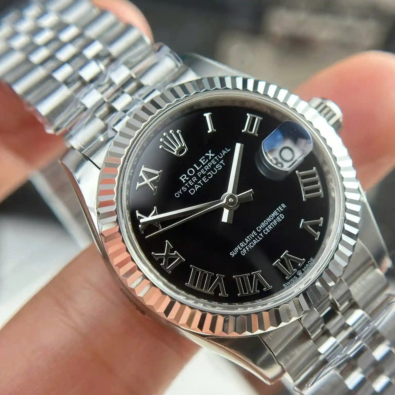 AAAWatch Rolex Datejust Ladies Automatic Watch, Fluted Bezel, AAAWatch Black Roman Numeral Dial, Jubilee Steel Bracelet Date Window Luxury Women Wristwatch