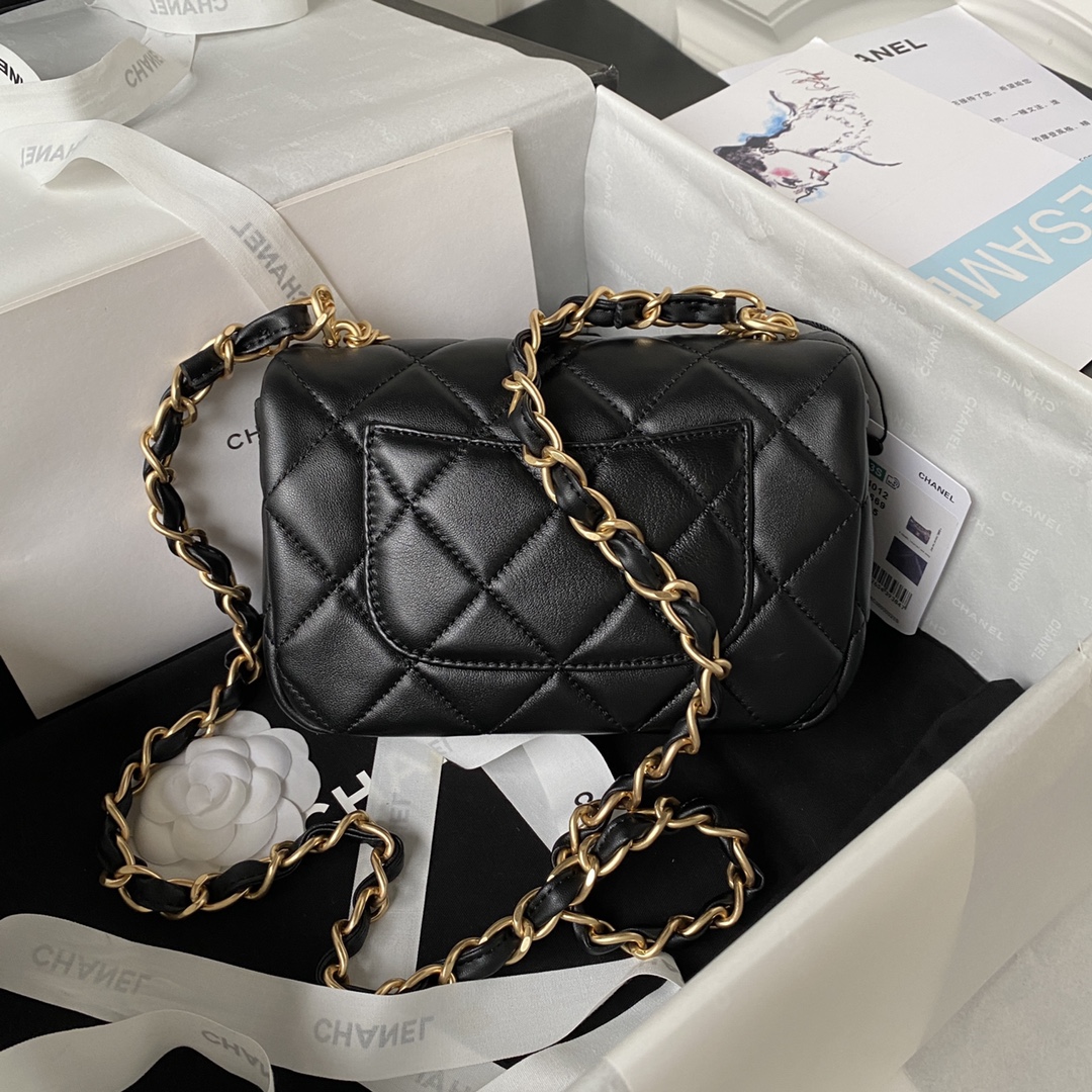 TOP CHANEL Mini Square Adjustable Coin Chain Flap Bag SS21 12x21x7 cm - Black