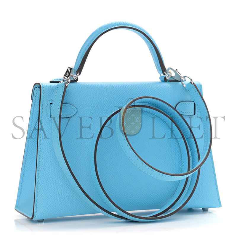 HERMES MINI KELLY EPSOM BLUE CELESTE PALLADIUM HARDWARE 195591 (19*12*5.5cm)