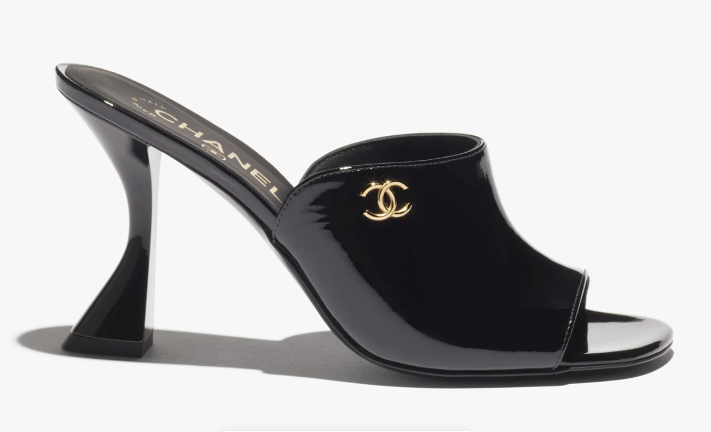 TOP CHANEL Glossy High Heel Sliders - Black
