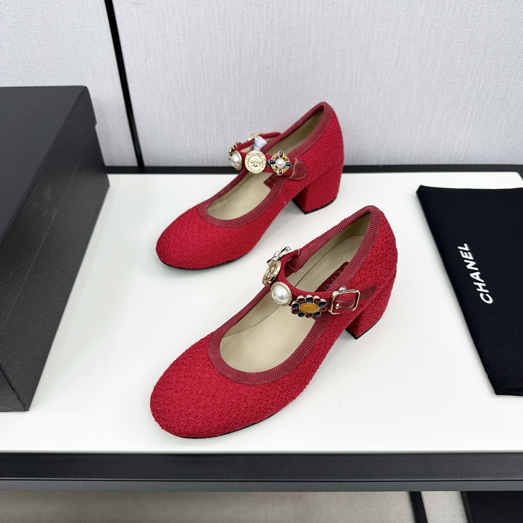 TOP CHANEL Mid Heel Tweed Crystal Platform Pumps - 4 Color