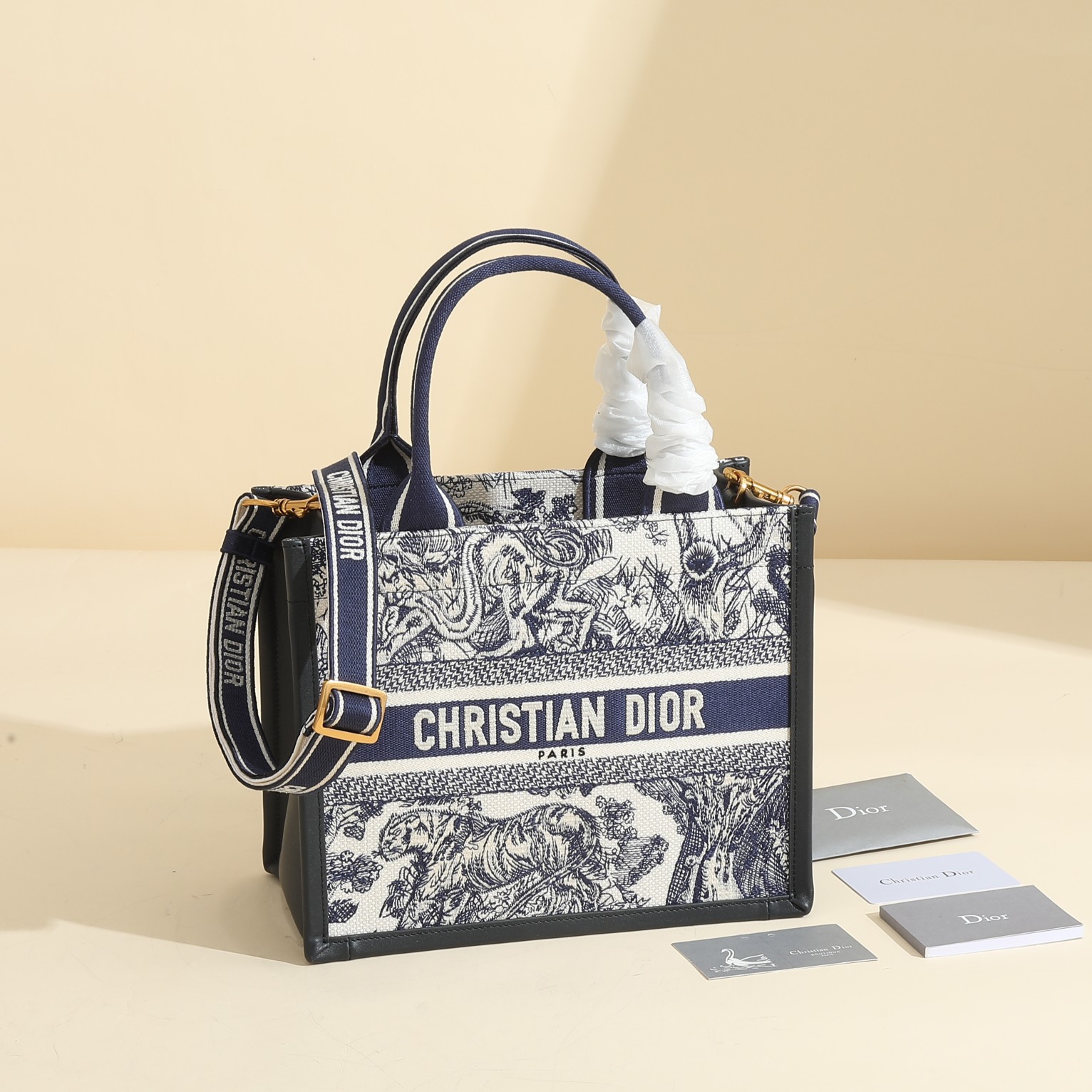 TOP Christian Dior Book Tote Bag Tiger 26.5x21x14cm/36x27x16.2cm - Navy Blue