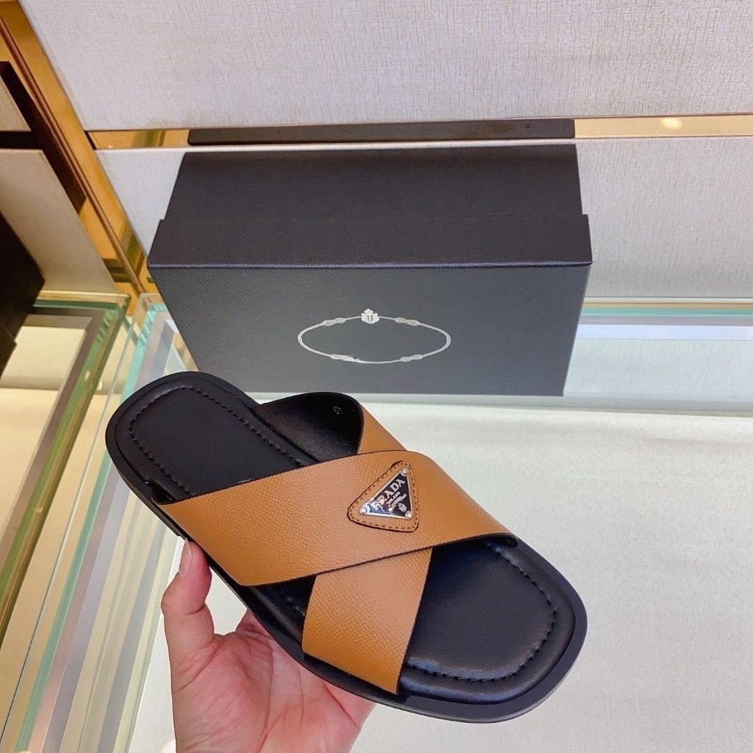 AAAShoes Prada Men's Cross‑Strap Saffiano Leather Slide Sandals, Square Toe Open‑Toe Flat Slippers For Summer