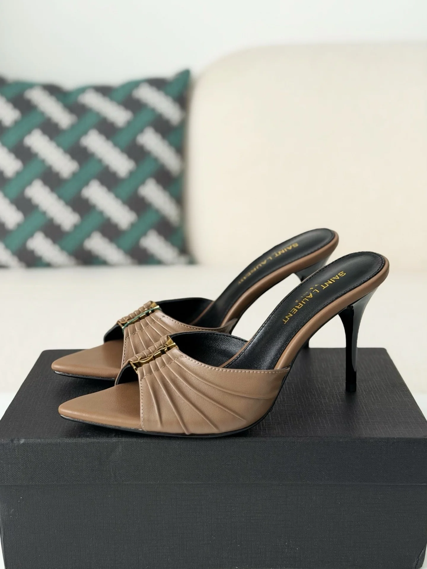 AAASandal Women Nude Leather Pleated Slide Mules Pointed Open Toe Gold Metal Logo Stiletto High Heel Sandals