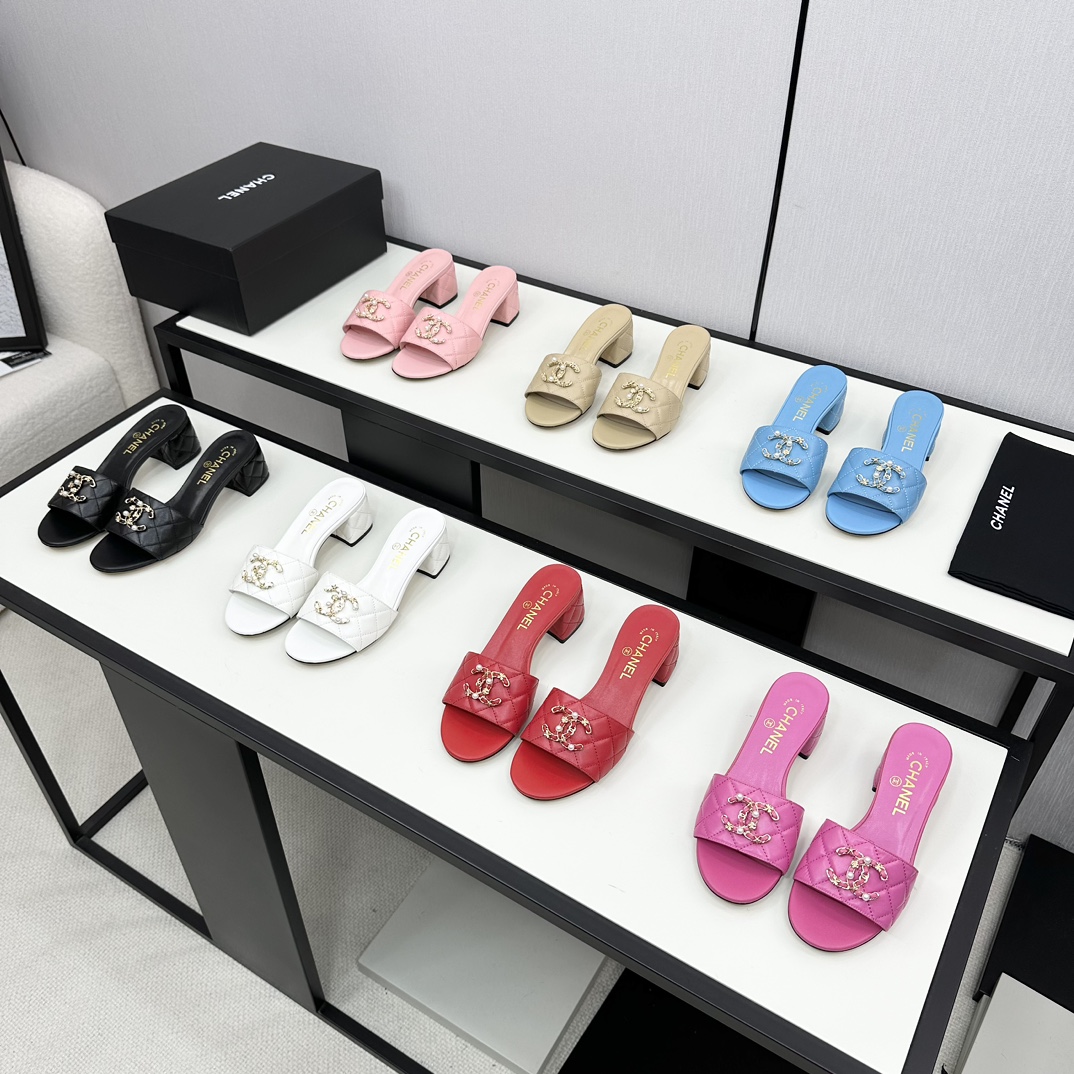 TOP CHANEL High Heel Slippers with CC Logo - 7 Color
