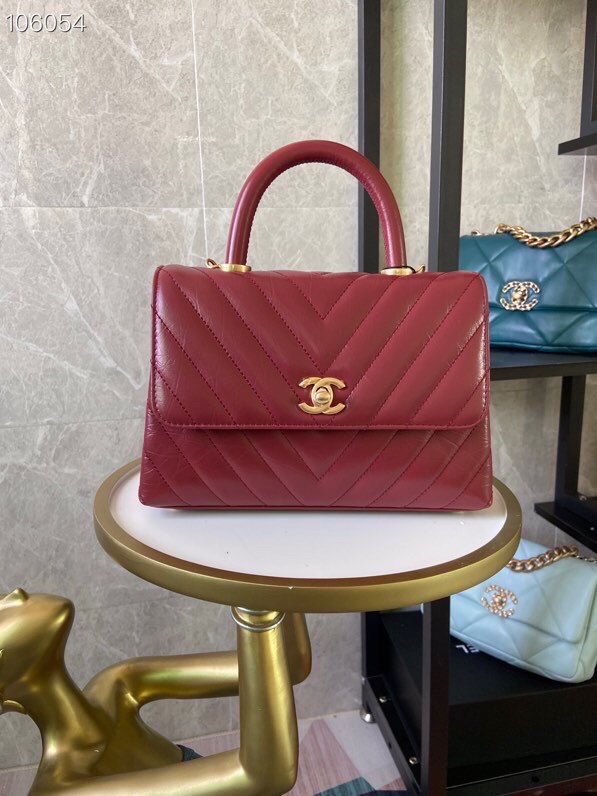 TOP CHANEL V-Grid Oil Wax Leather Matching And Oil Wax Leather Handle CoCo Handle Bags 14x24x10cm - Red/White&GHW