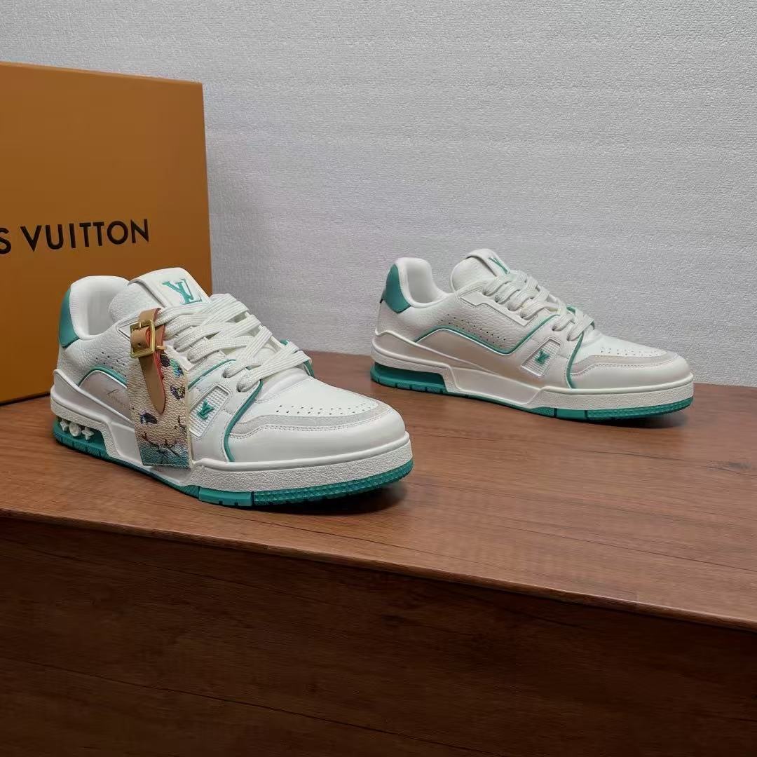 AAAShoes Louis Vuitton Trainer Sneaker, White & Teal Green Leather Low‑Top Casual Shoes, Unisex #54 Trainer