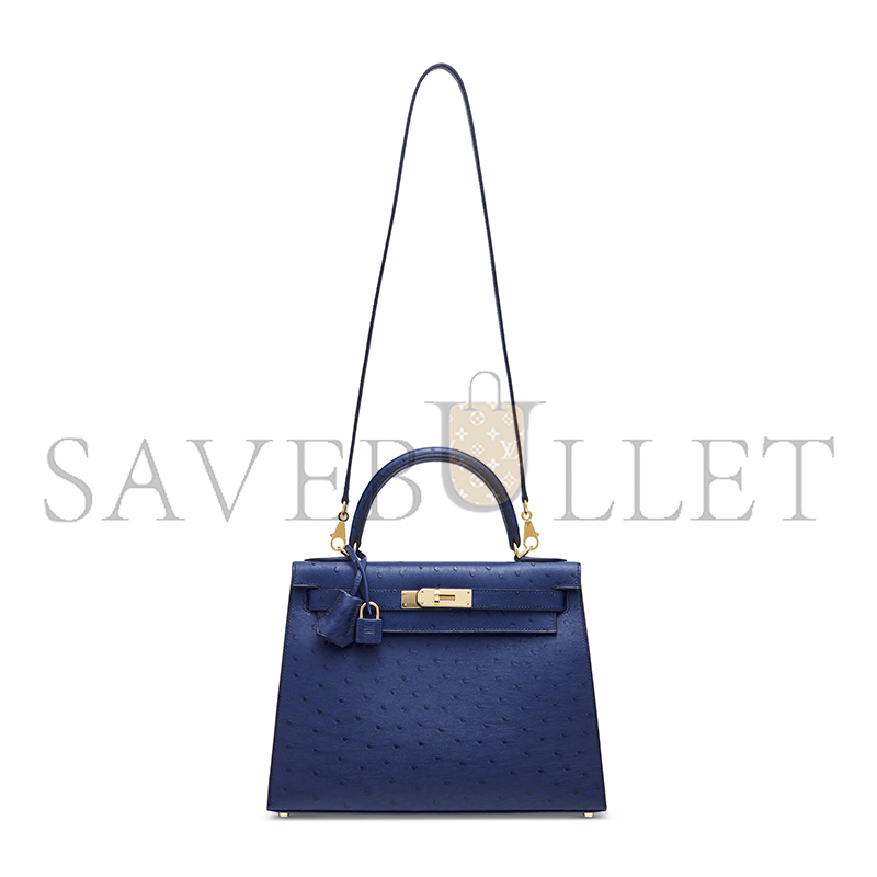 HERMÈS OSTRICH SELLIER KELLY 28 IRIS BLUE WITH GOLD HARDWARE (28*22*10cm)