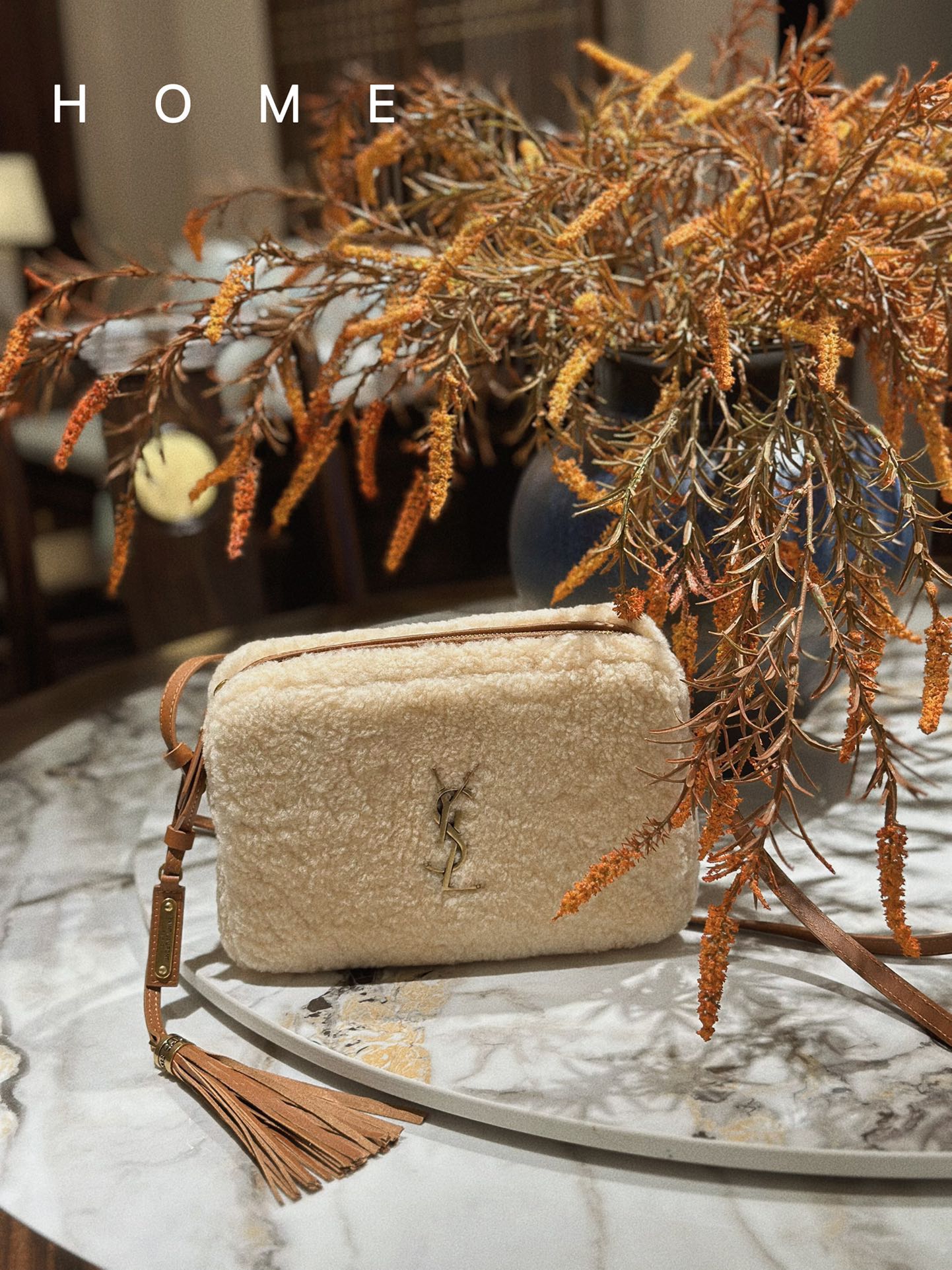 TOP Yves Saint Laurent YSL Lamb's Wool Lou Camera Bags - Beige