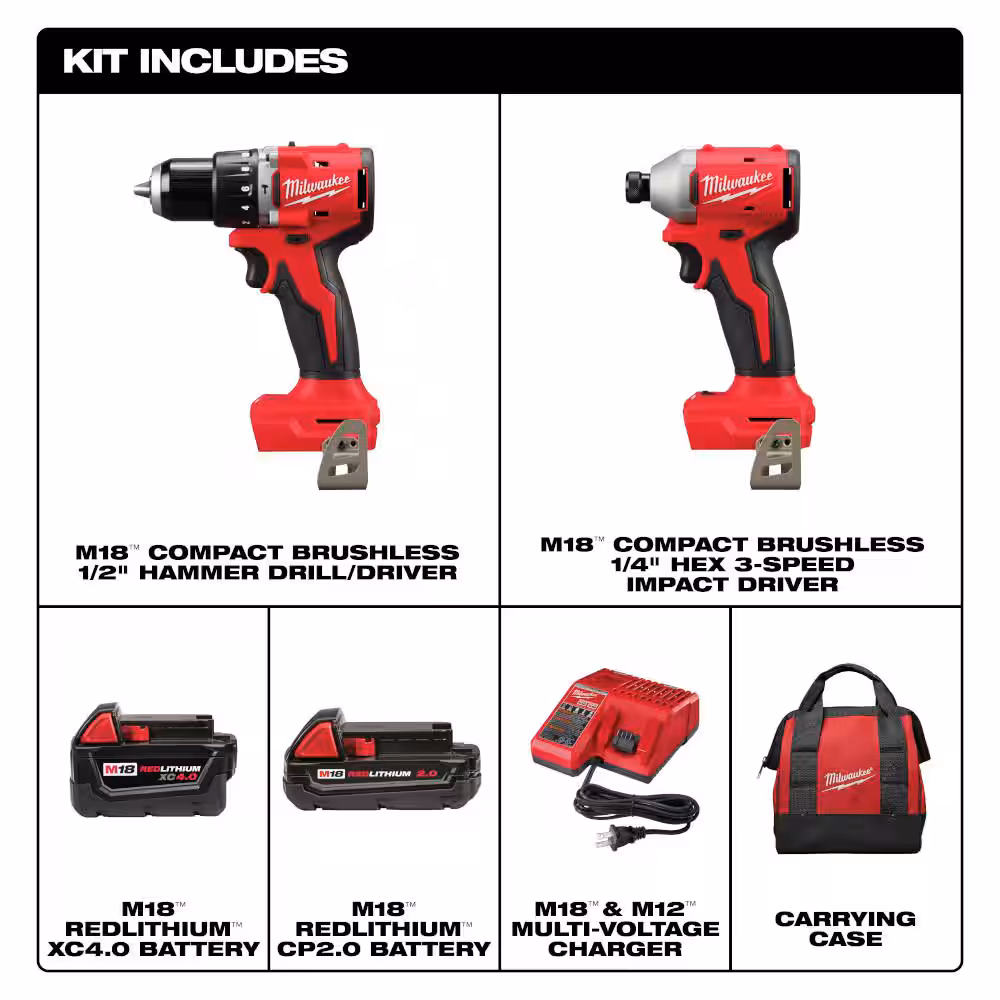 M18 18-Volt Lithium-Ion Brushless Cordless Compact Hammer Drill/Impact Combo Kit (2-Tool) with (2) Batteries, Bag