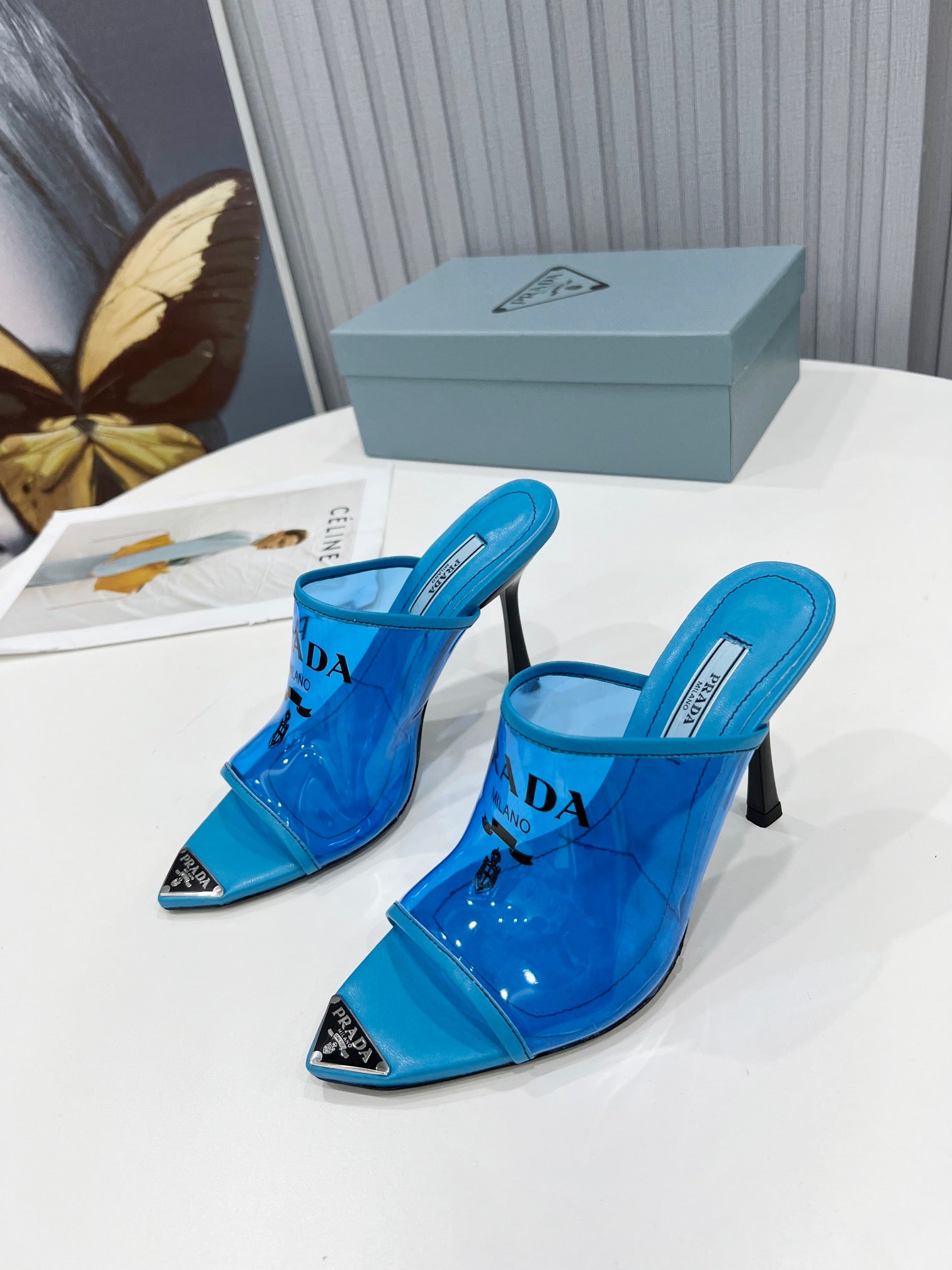 TOP PRADA Logo-print Plexiglas High-heel Slides - Blue
