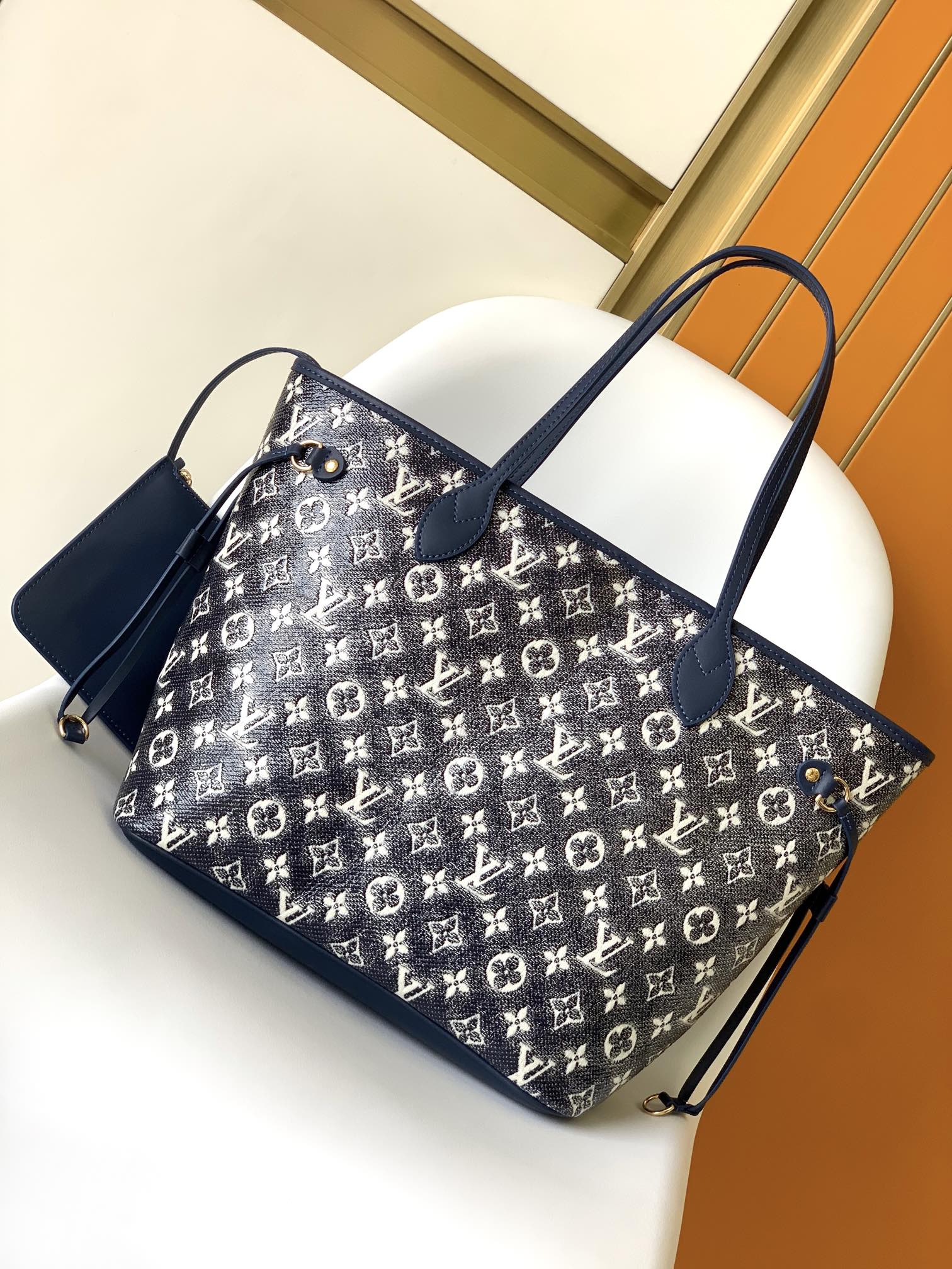 TOP Louis Vuitton LV Neverful Bag Monogram Coated Canvas 31x28x14cm - Navy Blue