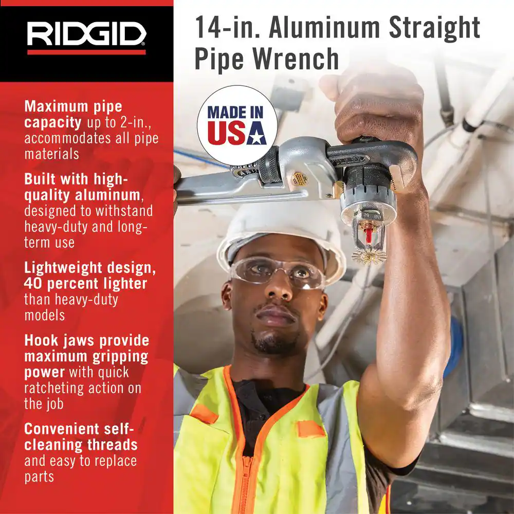 14 in. Aluminum Straight Pipe Wrench for Plumbing, Sturdy Plumbing Pipe Tool with Self Cleaning Threads and Hook Jaws