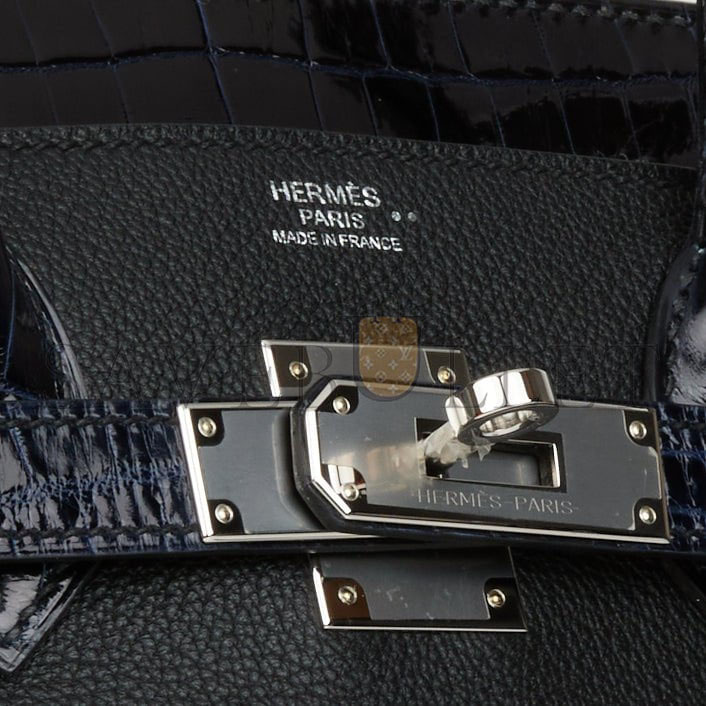 HERMES MASTER BIRKIN 25 BLEU MARINE SHINY NILOTICUS CROCODILE PATTERN AND BLACK NOVILLO TOUCH PALLADIUM HARDWARE (25cm)