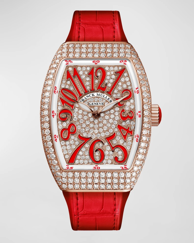 TOP Franck Muller 18K Rose Gold Diamond Lady Vanguard Watch with Red Alligator Strap